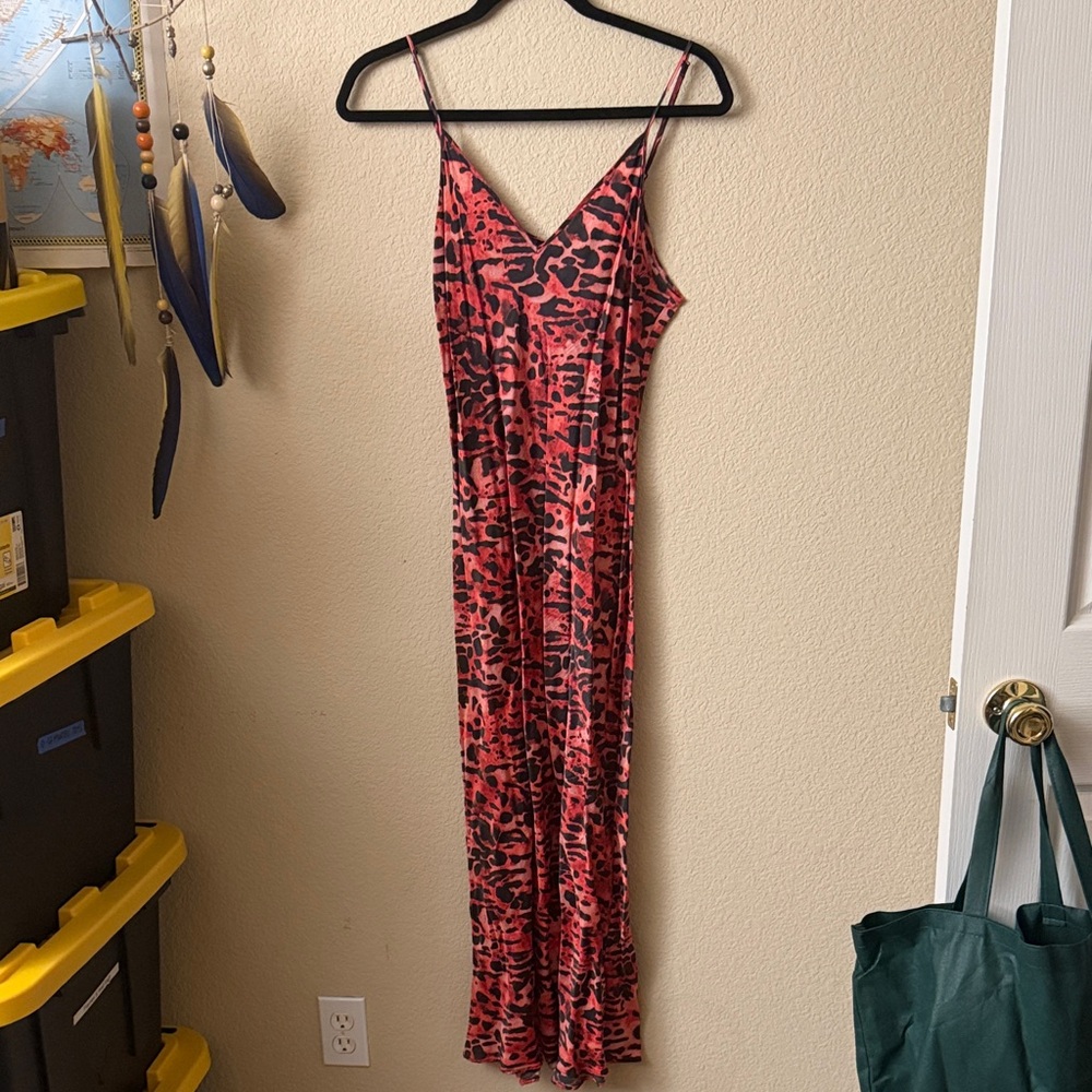 AllSaints Red and Black Leopard Print Slip Dress